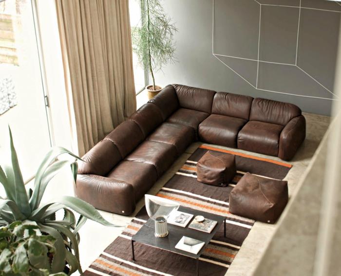 σαλόνι ιδέες σαλόνι καφέ καναπές χαλί δρομέας ρίγες αποχρώσεις του καφέ