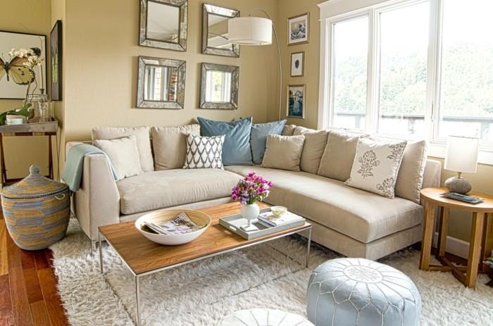 σαλόνι ιδέες σαλόνι γωνιακός καναπές σαλόνι καναπές σκαμπό ανοιχτό κίτρινο χρώμα τοίχου