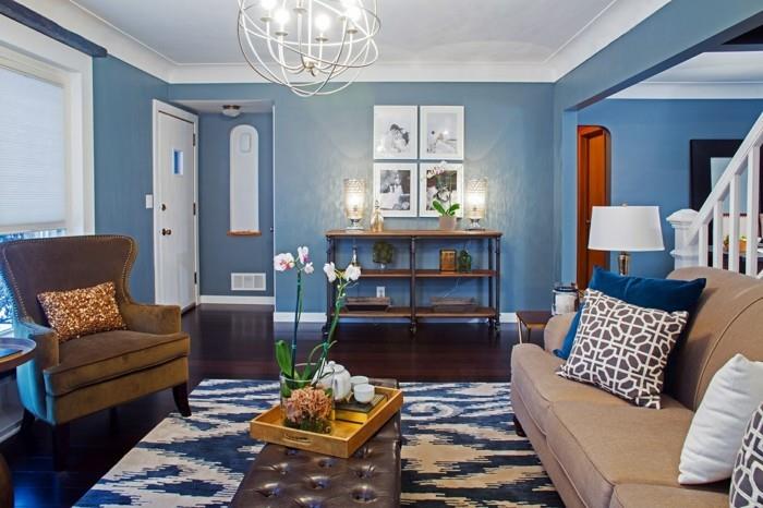 ιδέες διαβίωσης σαλόνι εκλεκτικοί μπλε τοίχοι ορχιδέα