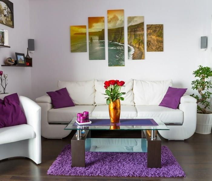 ιδέες διαβίωσης σαλόνι φρέσκια διακόσμηση τοίχου και μοβ τόνους