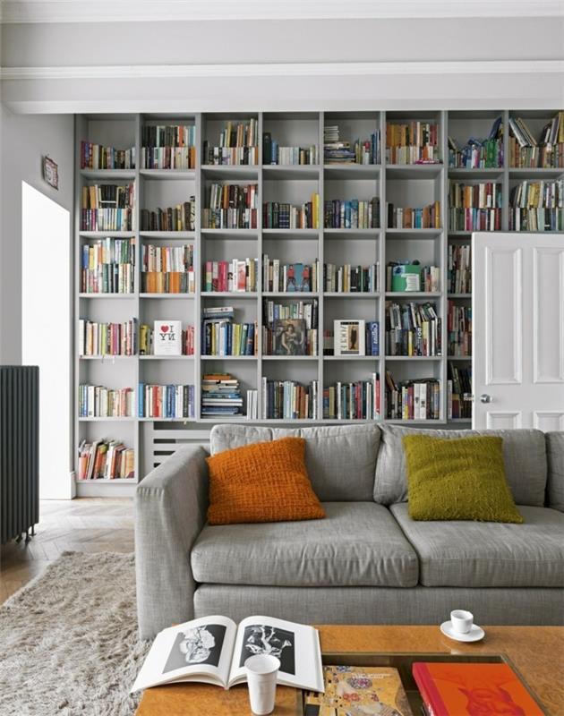 ιδέες διαβίωσης σαλόνι γκρι καναπέ βιβλιοθήκη