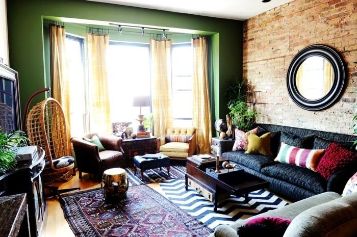 σαλόνι πράσινο τοίχο χρώμα σκούρο καναπέ εκλεκτικό