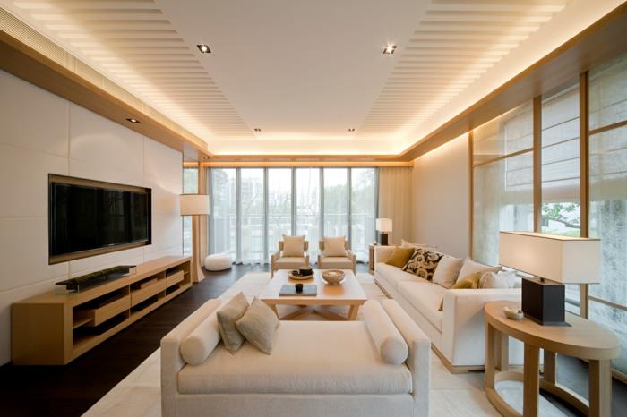 ιδέες διαβίωσης σαλόνι φωτεινά έπιπλα ξύλινες προθέσεις κοντά στη φύση led φωτισμό