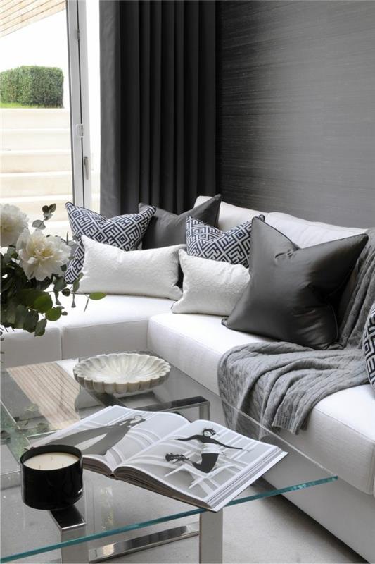 ιδέες διαβίωσης σαλόνι σχεδιασμός φωτεινού δωματίου γυάλινο τραπέζι λευκός καναπές