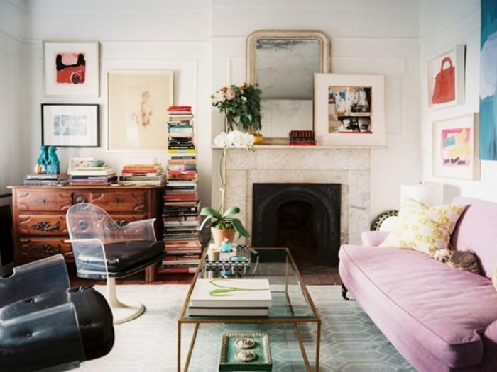 ιδέες σαλονιού σαλόνι ανοιχτό ροζ καναπές τζάκι εκλεκτικό στυλ