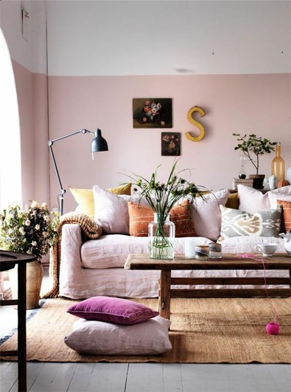 ιδέες διαβίωσης σαλόνι ανοιχτό ροζ καναπές κάλυμμα ροζ μαξιλάρια δαπέδου τοίχου