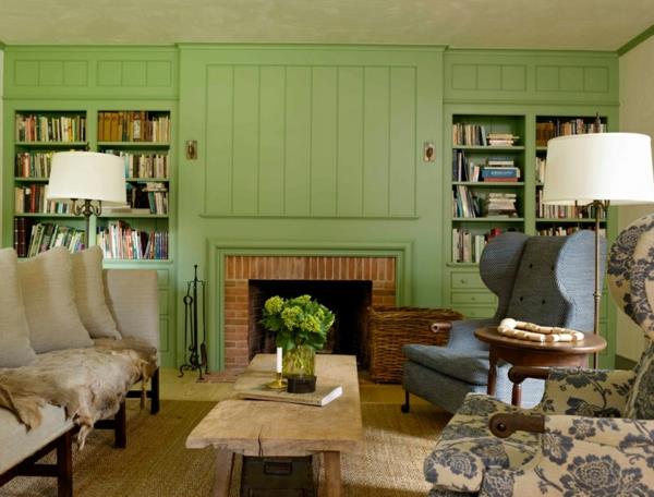 σαλόνι ιδέες σαλόνι εξοχή στυλ τζάκι ξύλινα έπιπλα αγγλικό στιλ χρώμα τοίχου πράσινο
