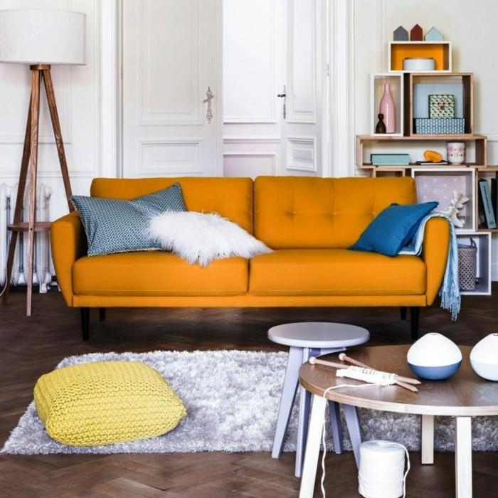 σαλόνι ιδέες σαλόνι πορτοκαλί καναπές ελαφρύ χαλί ρίξτε μαξιλάρια
