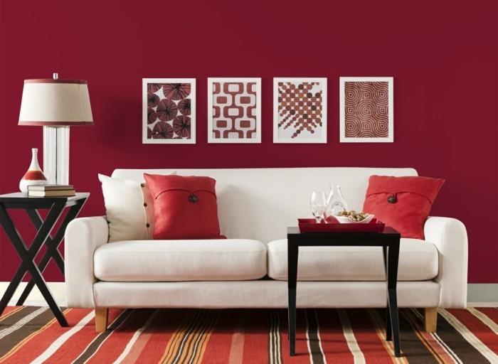 ιδέες σαλονιού σαλόνι κόκκινοι τοίχοι λευκός καναπές ριγέ χαλί
