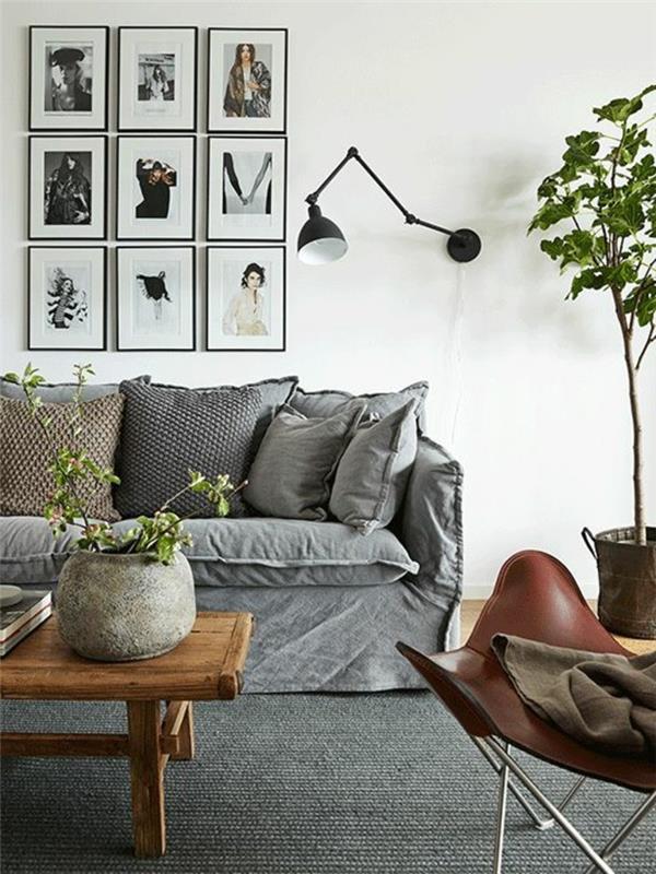 σαλόνι καναπές κάλυμμα γκρι φυτικό τοίχο τέχνη γκρι χαλί
