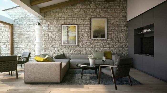 ιδέες διαβίωσης σαλόνι πέτρινος τοίχος με όμορφες εικόνες
