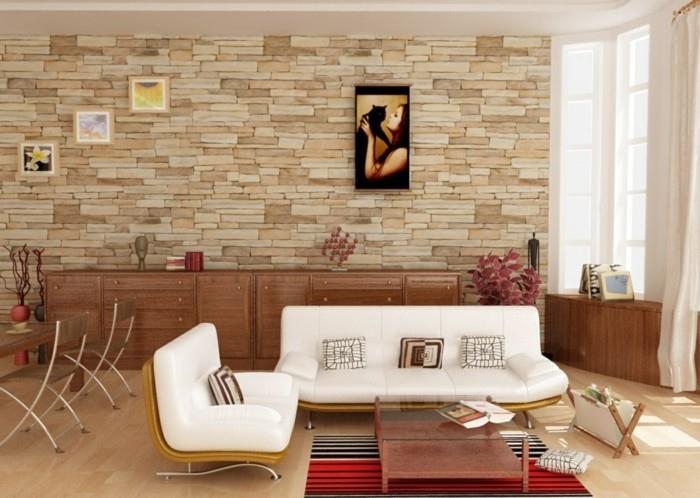 ιδέες διαβίωσης σαλόνι πέτρινο τοίχο χαλί διακόσμηση τοίχου