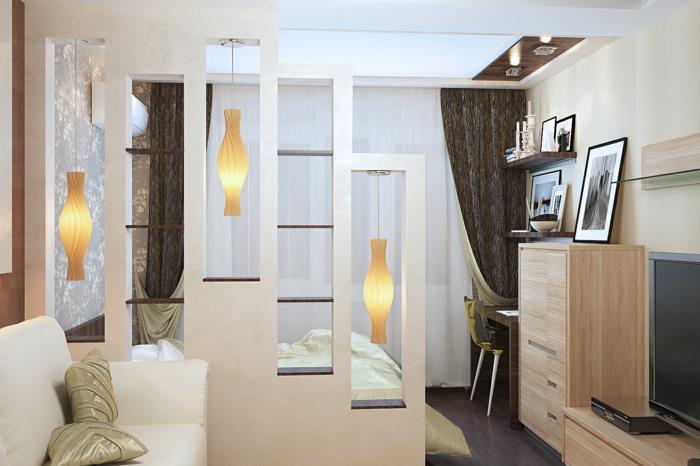 σχεδιασμός σαλονιού διαμέρισμα ενός δωματίου υπνοδωμάτιο σαλόνι διαχωριστικά δωματίων ράφια κρεμαστά φώτα