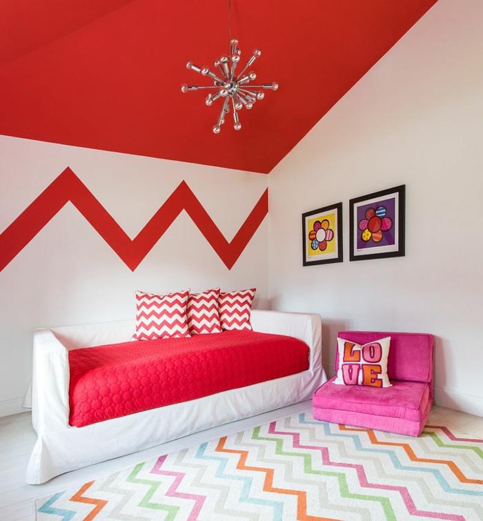 διακοσμήστε διαμέρισμα παιδικό δωμάτιο δροσερό σχέδιο τοίχου μοκέτα μοτίβο κόκκινες πινελιές