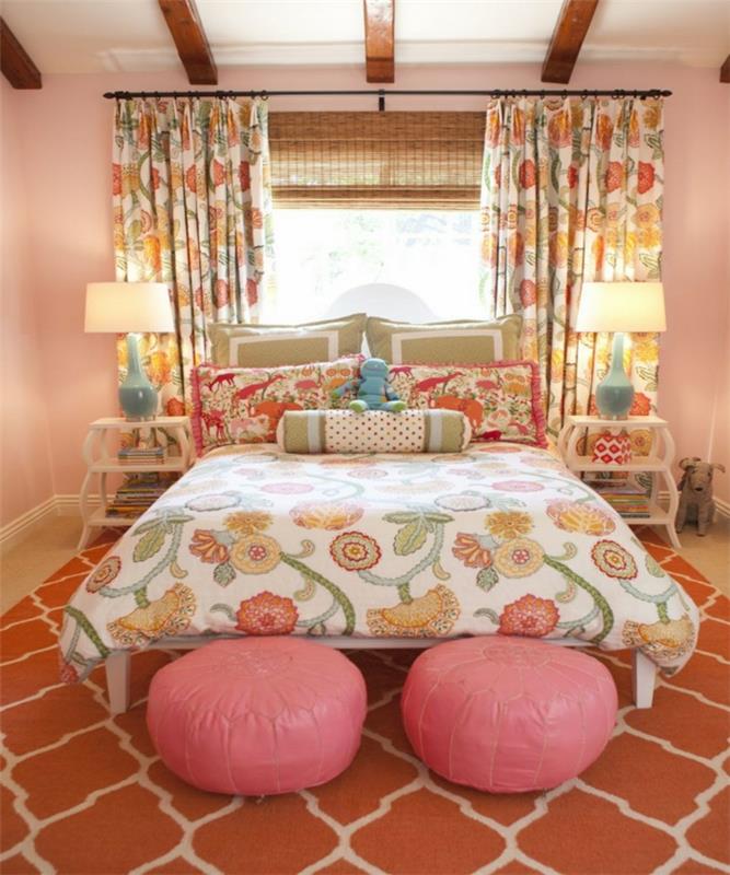 διακοσμήστε διαμερίσματα σπίτι ιδέες κρεβατοκάμαρα χρωματιστό μοτίβο σκαμπό κουρτίνα μοτίβο