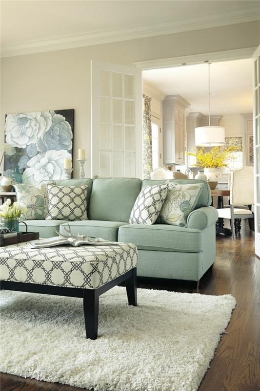 διακοσμήστε ιδέες διαμερισμάτων σαλόνι περιβάλλοντος στυλ πράσινο καναπέ ρίξτε μαξιλάρια μοτίβο