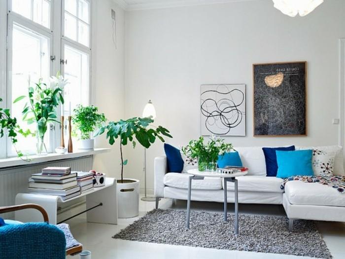 ιδέες επίπλωσης σπιτιού σαλόνι περιβάλλοντα στυλ φυτά γκρι χαλί λευκός καναπές