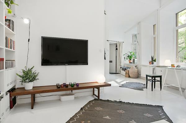 διαμέρισμα σκανδιναβικό σχέδιο ανοιχτό σαλόνι δωμάτιο μελέτης τηλεόραση τοίχο μονάδα
