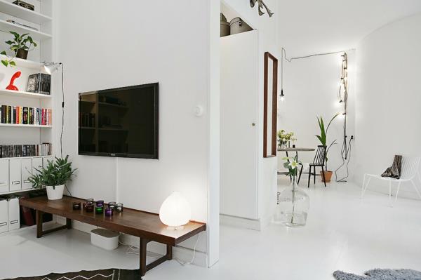 διαμέρισμα σκανδιναβικού σχεδιασμού ανοιχτή μονάδα τοίχου τηλεόρασης σαλόνι