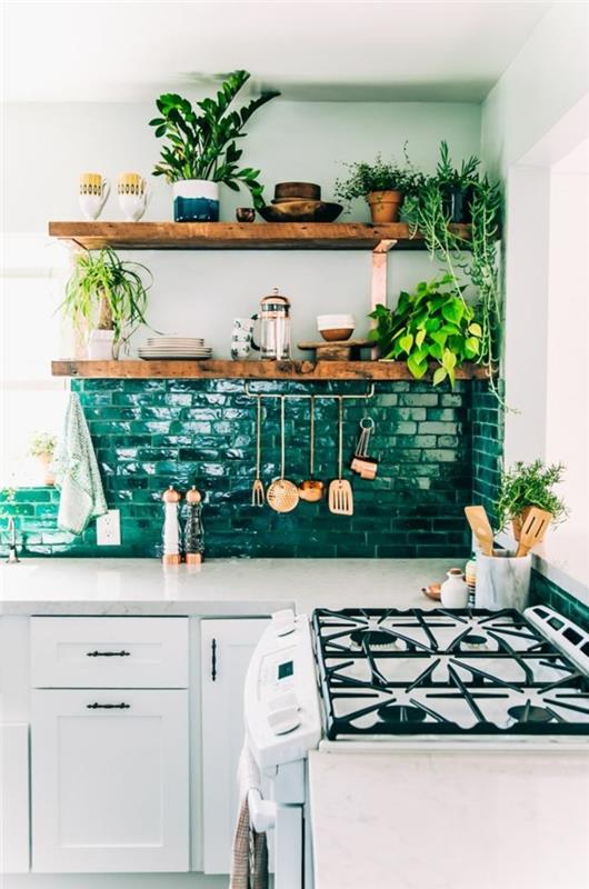 έπιπλα σπιτιού boho κομψά ράφια τοίχου κουζίνας ξύλινες σανίδες φυτά εσωτερικού χώρου