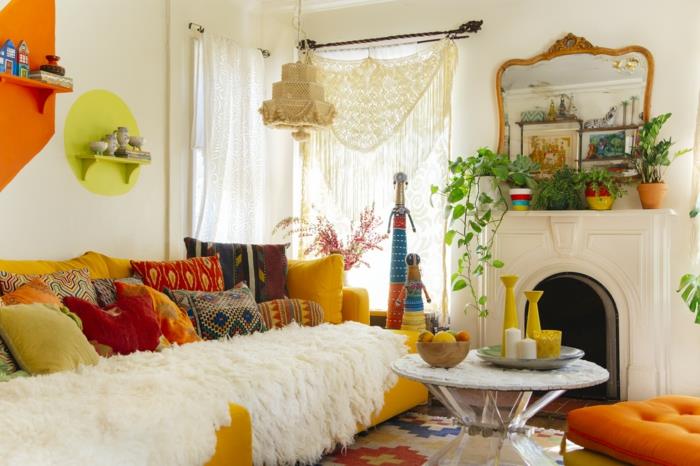 διακόσμηση σπιτιού boho chic σαλόνι ιδέες πολύχρωμα μαξιλάρια ράφια τοίχου macrame