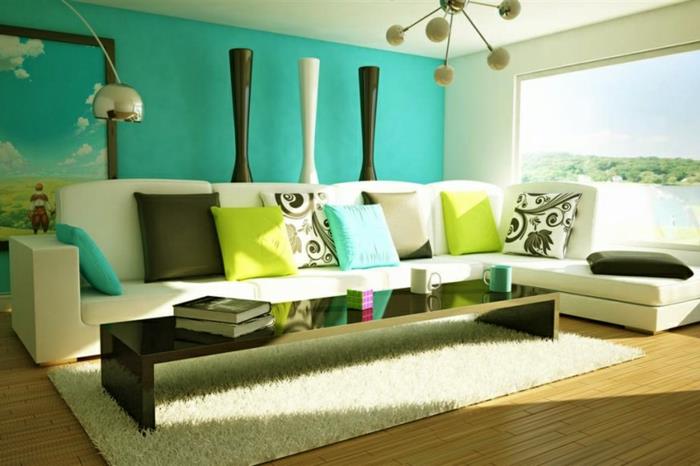 ιδέες διακόσμησης σπιτιού χρωματιστές ρίξτε μαξιλάρια φωτεινό χαλί σαλόνι