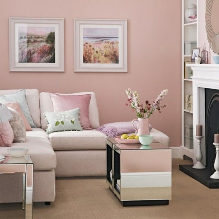 ιδέες διακόσμησης σπιτιού ανοιχτό ροζ τοίχο γωνιακός καναπές χαλί πάτωμα στυλ εξοχής