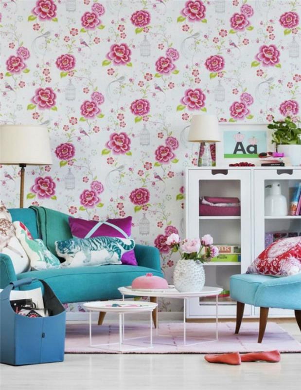 ιδέες διακόσμησης σπιτιού σαλόνι έγχρωμη ταπετσαρία floral στοιχεία