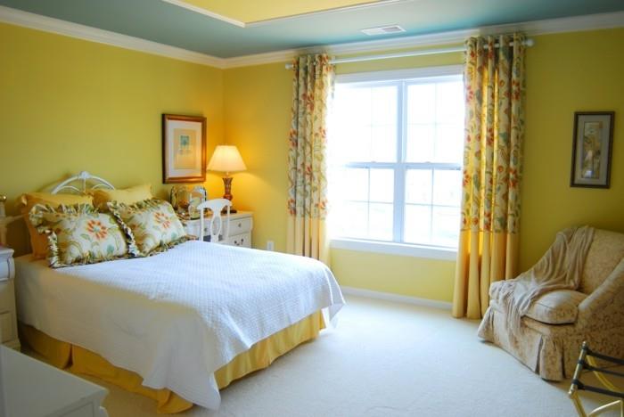 διακόσμηση σπιτιού ιδέες σπιτιού υπνοδωμάτιο κίτρινο χρώμα τοίχου πράσινο τόνους