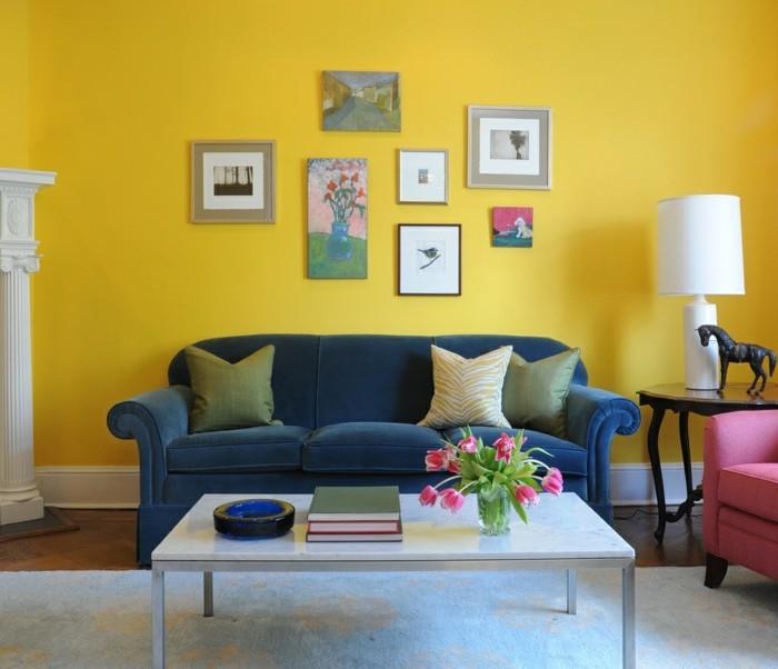 διακόσμηση σπιτιού ιδέες καθιστικού σαλόνι κίτρινο χρώμα τοίχου έγχρωμα έπιπλα