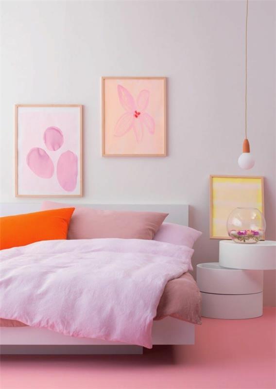 ιδέες σχεδιασμού διαμερίσματος υπνοδωμάτιο ροζ τοίχο τέχνη κομοδίνο οβάλ σχήμα