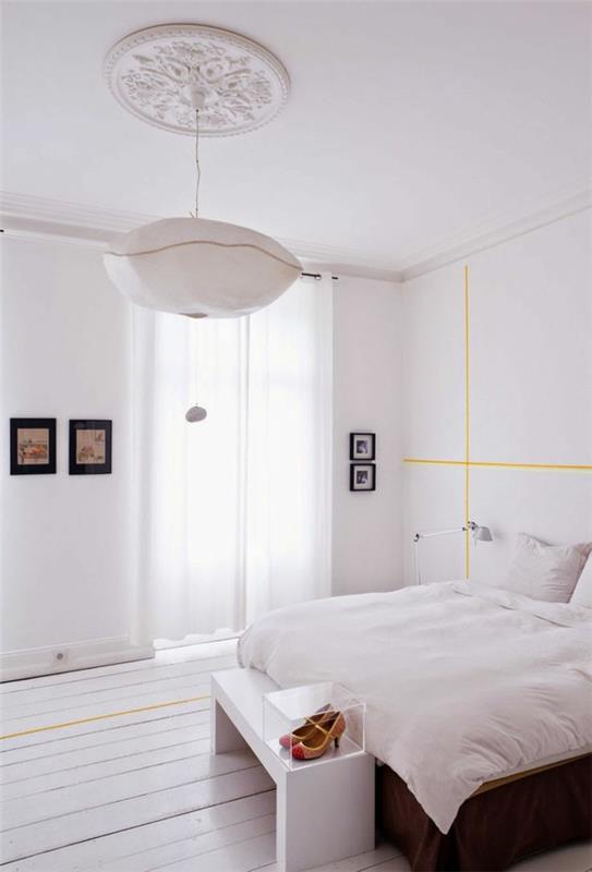 ιδέες σχεδιασμού διαμερίσματος υπνοδωμάτιο λευκό κρεβάτι πάγκος κρεβατιού