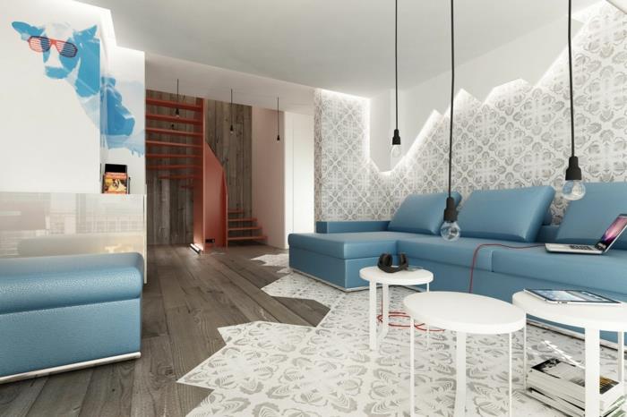 σαλόνι φωτισμός κρεμαστό φώτα μπλε καναπές ξύλινο πάτωμα