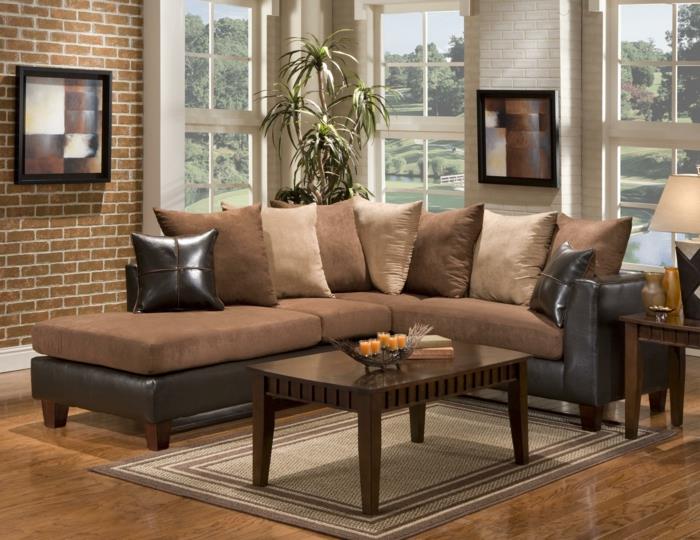 σαλόνι καφέ καφέ κάθισμα μαξιλάρι τοίχος από τούβλα ρίξτε μαξιλάρια