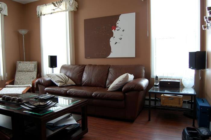 σαλόνι καφέ καφέ τοίχοι δερμάτινος καναπές μικρό σαλόνι