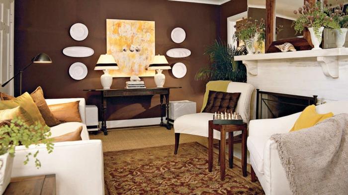 σαλόνι καφέ λευκά έπιπλα διακόσμηση τοίχων φυτά