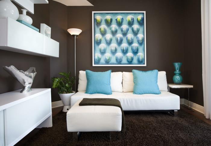 σαλόνι καφέ λευκά έπιπλα καφέ τοίχοι γαλάζιο ρίξτε μαξιλάρια