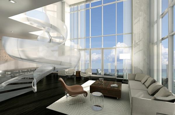 ιδέες σχεδιασμού σαλόνι δραματική σπειροειδή σκάλα γυάλινο καναπέ