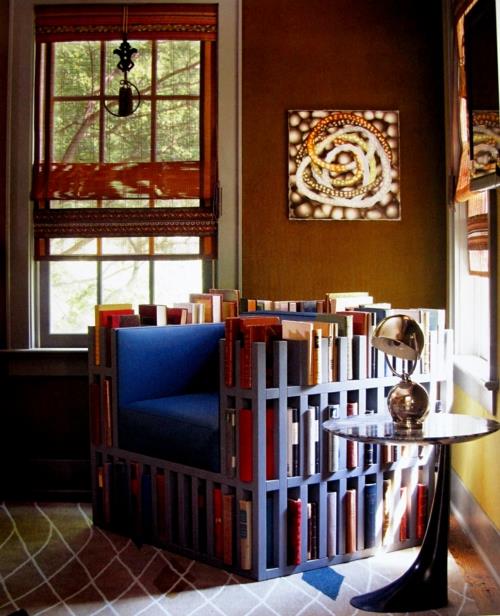 σαλόνι σχεδιάζει βιβλιοθήκη πολυθρόνας μπλε κοβαλτίου
