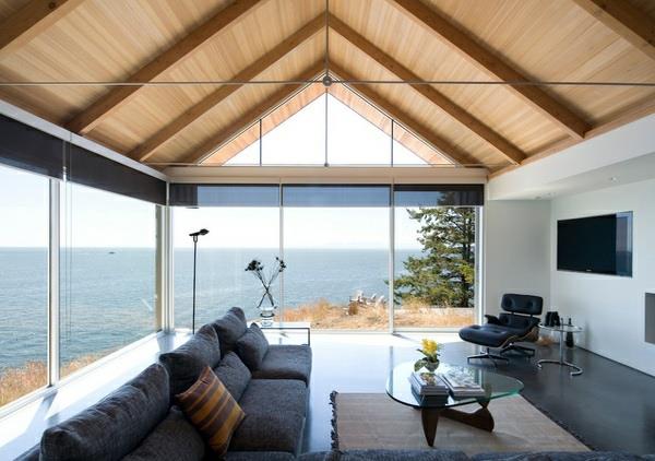σχέδια σαλονιού με θολωτές ξύλινες οροφές, γυάλινους τοίχους, θέα στη θάλασσα