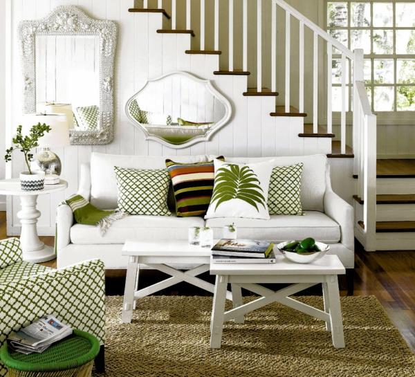 σαλόνι επιπλωμένο πράσινο τόνους λευκό καναπέ