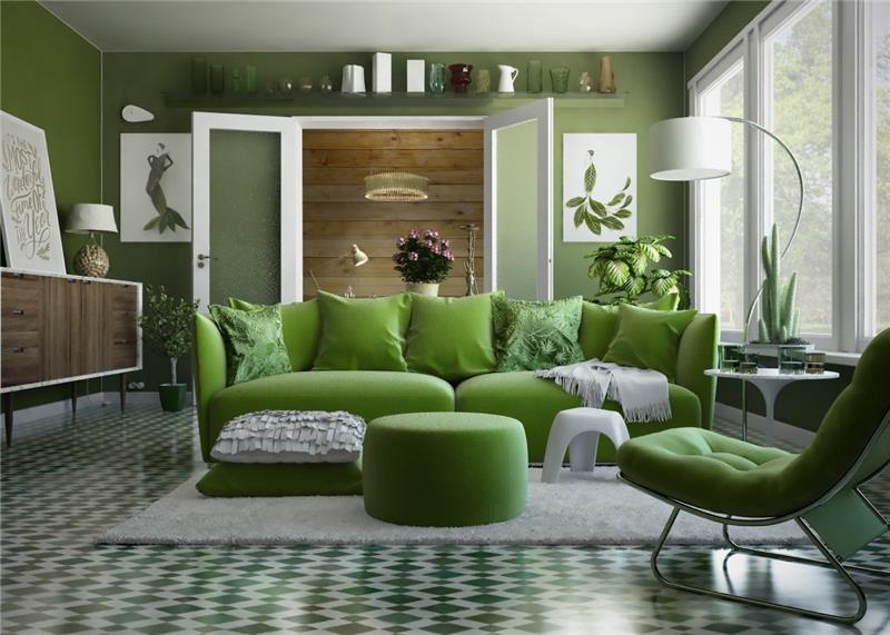 σαλόνι χρώματα πράσινα πλακάκια και έπιπλα