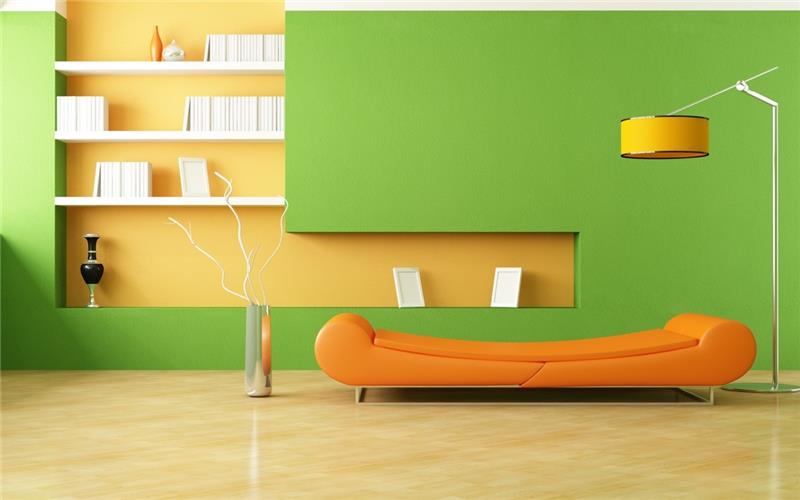 σαλόνι χρωματίζει μοντέρνες ιδέες σε πορτοκαλί και πράσινο