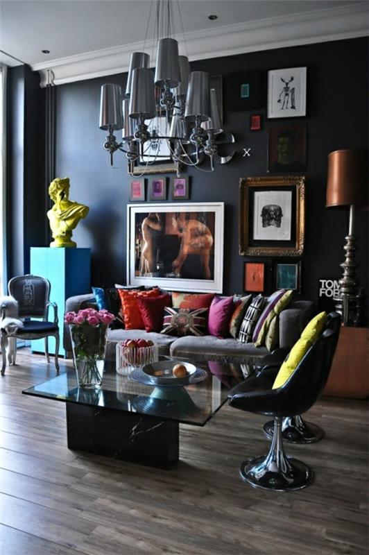 σαλόνι υπέροχα χρώματα τουλίπες καρέκλες σε μαύρο