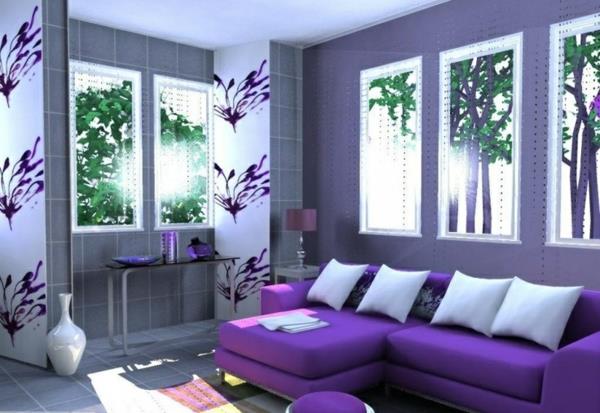 σαλόνι χρώμα σχέδιο μοβ έμπνευση σχεδιασμός τοίχου καναπές