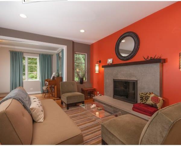 σαλόνι ιδέες χρώματος μοντέρνα πορτοκαλί έμφαση τοίχου καφέ έπιπλα