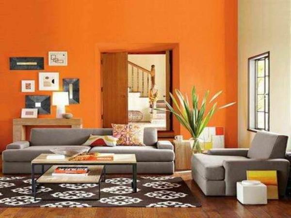 σαλόνι ιδέες χρώματος μοντέρνο πορτοκαλί τοίχο χαλί καναπέ