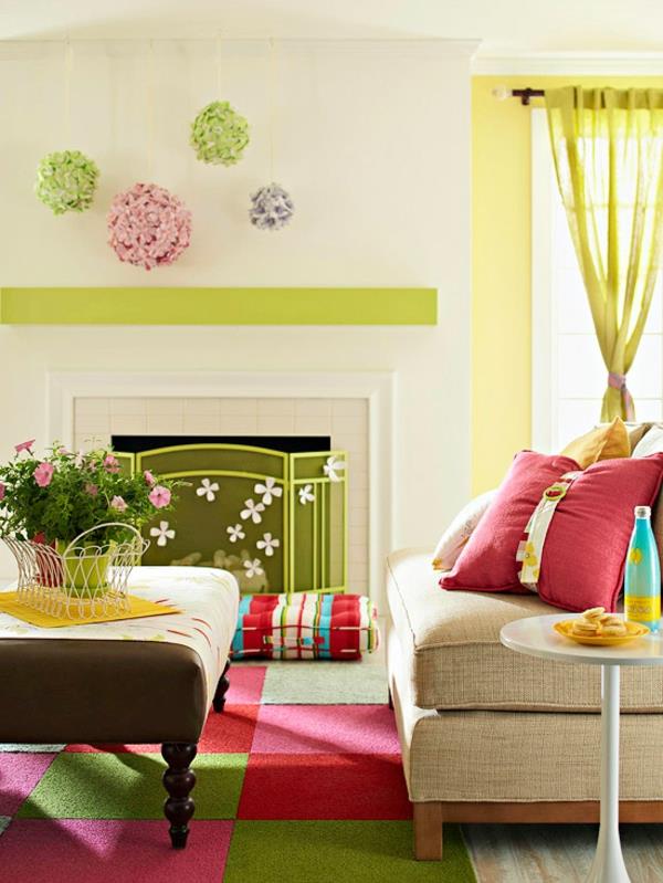ιδέες διακόσμησης σαλόνι άνοιξη χρωματιστά λουλούδια χαλί