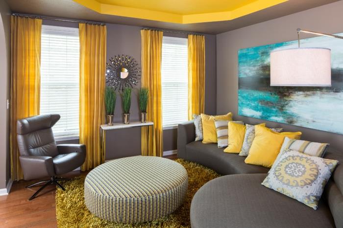 σαλόνι κουρτίνες γκρι καναπές ρίξτε μαξιλάρια δερμάτινη πολυθρόνα πράσινο χαλί