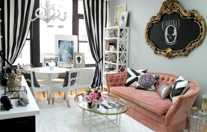 σαλόνι κουρτίνες ιδέες ρίγες λευκό μαύρο ανοιχτό ροζ καναπέ